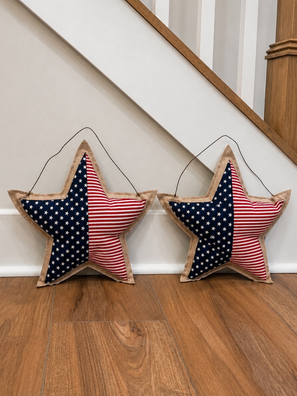 Patriotic Burlap Star Hanging Decorations - Like New Set of 2